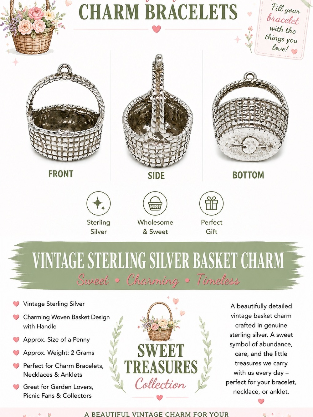 Vintage Sterling Silver Basket Charm